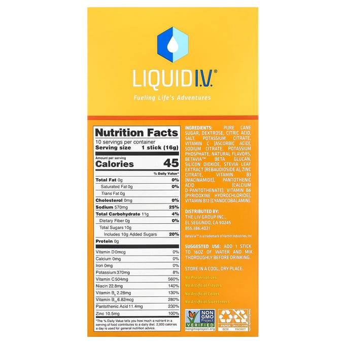 Liquid IV, Multiplicateur d'hydratation + Préparation pour boisson stimulant le système immunitaire, Mandarine, 10 sachets, 16 g (0,56 oz) chaque