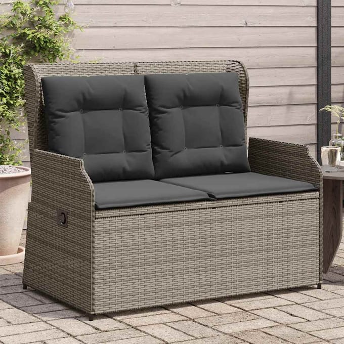 vidaXL - Tuinbankje - verstelbaar - met - kussens - poly - rattan - grijs