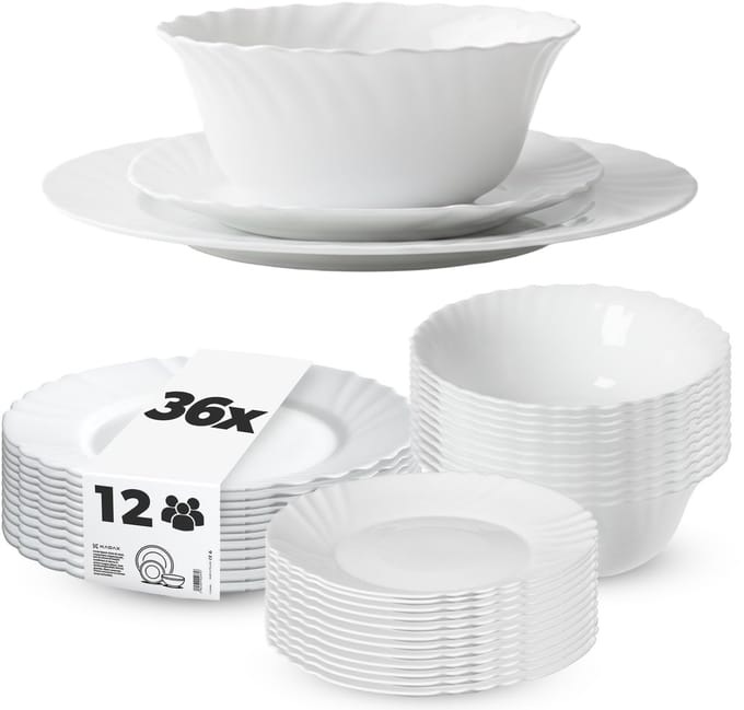 Kadax Servies 36 Delig Wit Glas Hartig voor 12 Personen