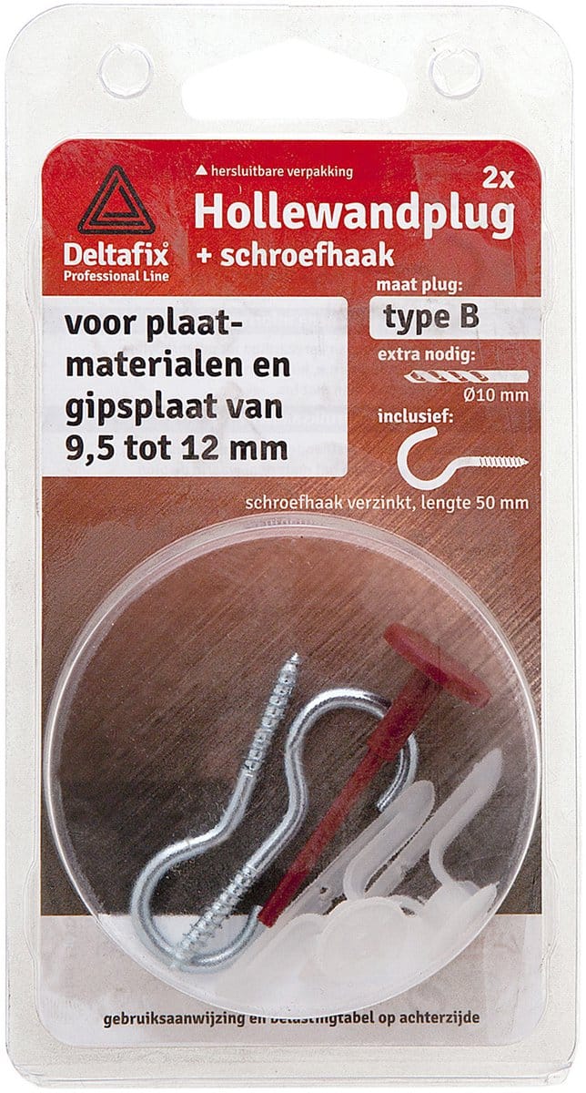 Deltafix hollewandplug type B met haak grijs - 10 mm / 4 cm - 2 stuks