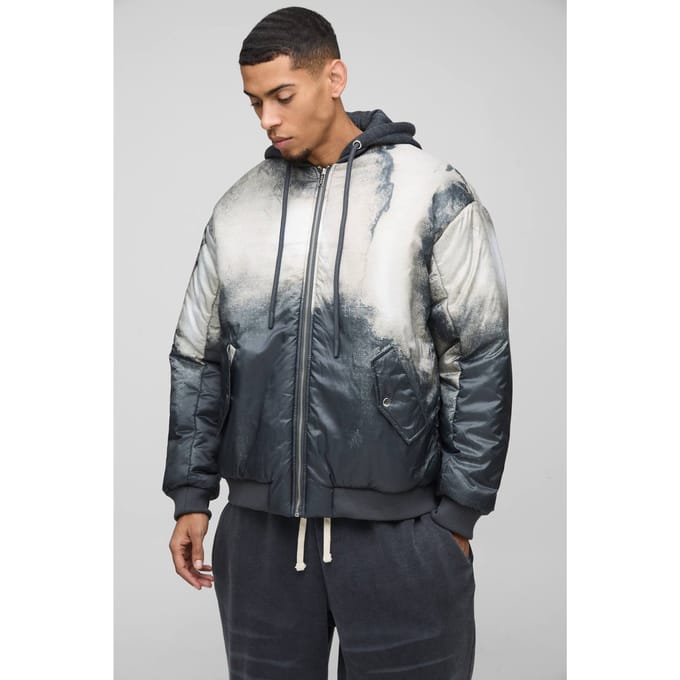 Oversized Abstract Print Hooded Bomber Jacket In Charcoal | Size Medium