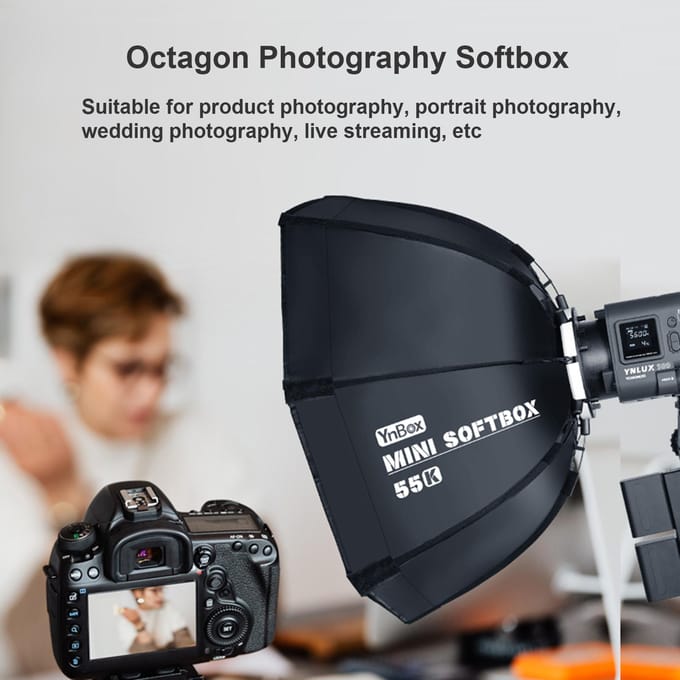 YnBox 55K 55cm/22in Octagon Fotografie Softbox met Bowens Mount Verwijderbare Diffuser Draagtas zwart