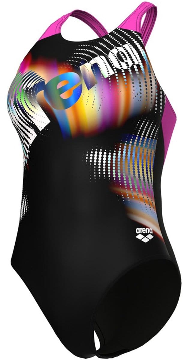 Arena Dames Badpak Lit Logo V Back Zwart Shocking Pink