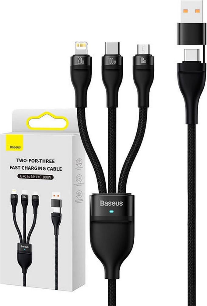 Baseus - Flash - Series-kabel USB Type C / USB Type A - USB Type C / Lightning / micro-USB - 100 - W - 1,2 - m - zwart - (CASS030101)