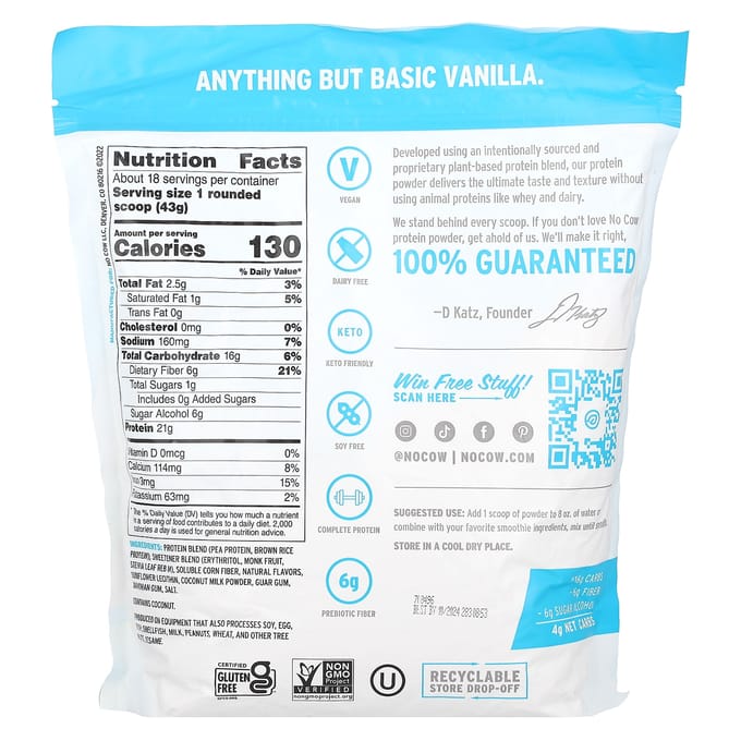 No Cow, Poudre de Protéines, Vanille Crémeuse, 1,7 lb (774 g)