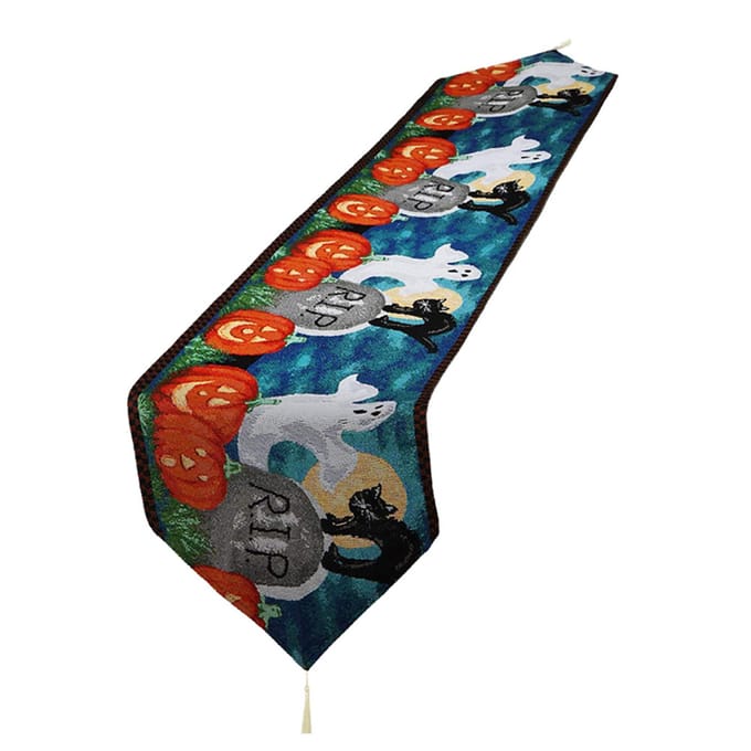 Chemin de table Coton et Lin pour Décorations d'Halloween Maison Table à Manger 33x180cm Ghost Pumpkin blue