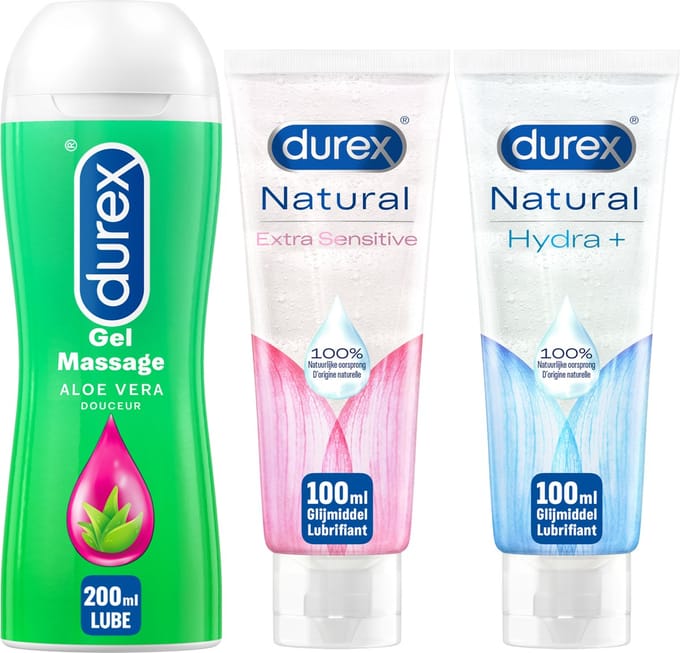 Durex - 3 Glijdmiddelen Waterbasis - Play Massage 2/1 Aloe 200ML - Natural Hydratant Gel 100ML - Natural Extra Sensitive Gel 100ML