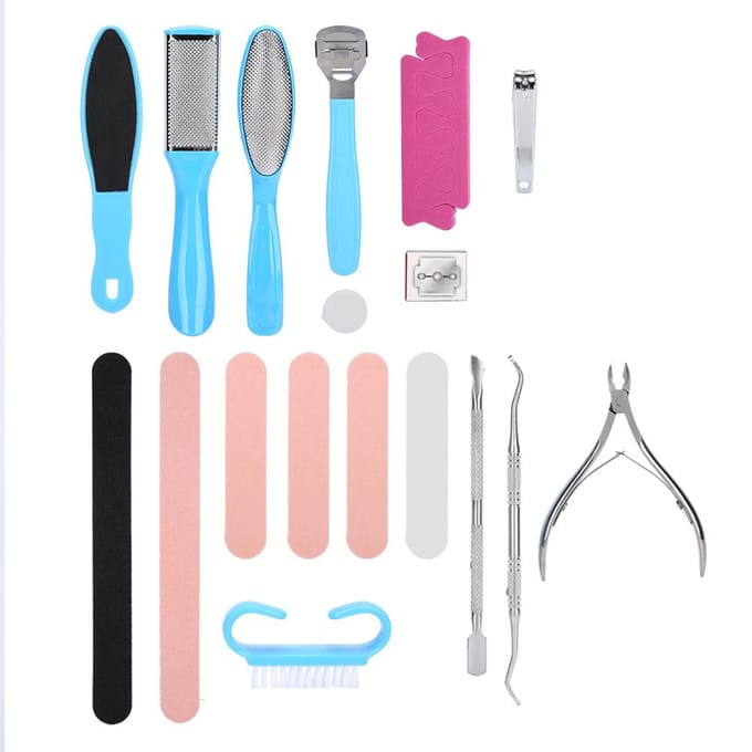 Kit d'outils professionnels pour pédicure Râpe à pied Lime Pousse-cuticules Ensemble coupe-ongles Bleu beige