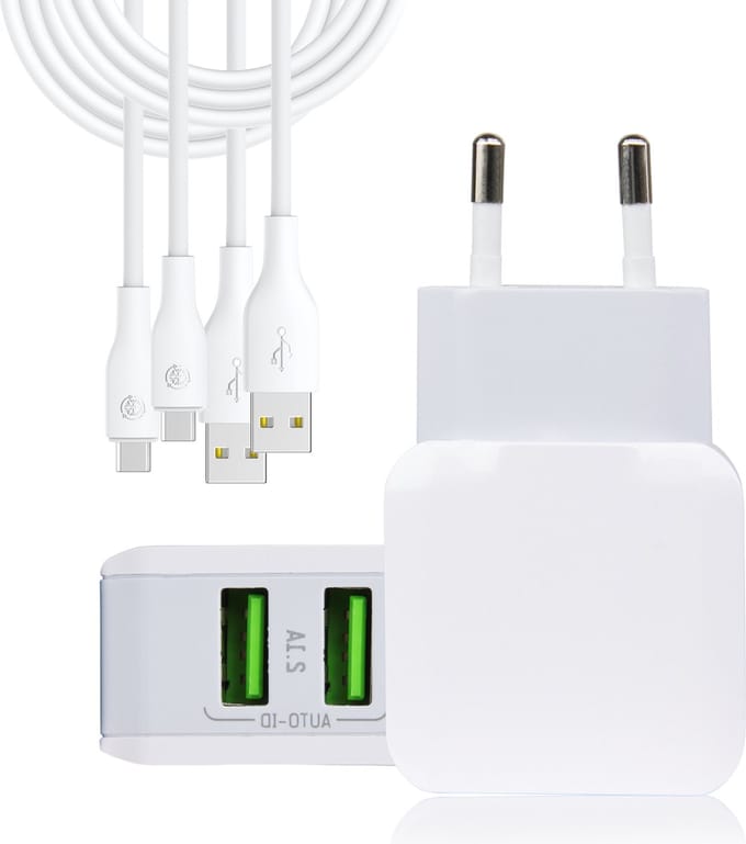 Usb Lader 2 Poorten + 2x usb naar usb C Kabel - 3 Meter usb-C Kabels - 10w Oplader - Universeel