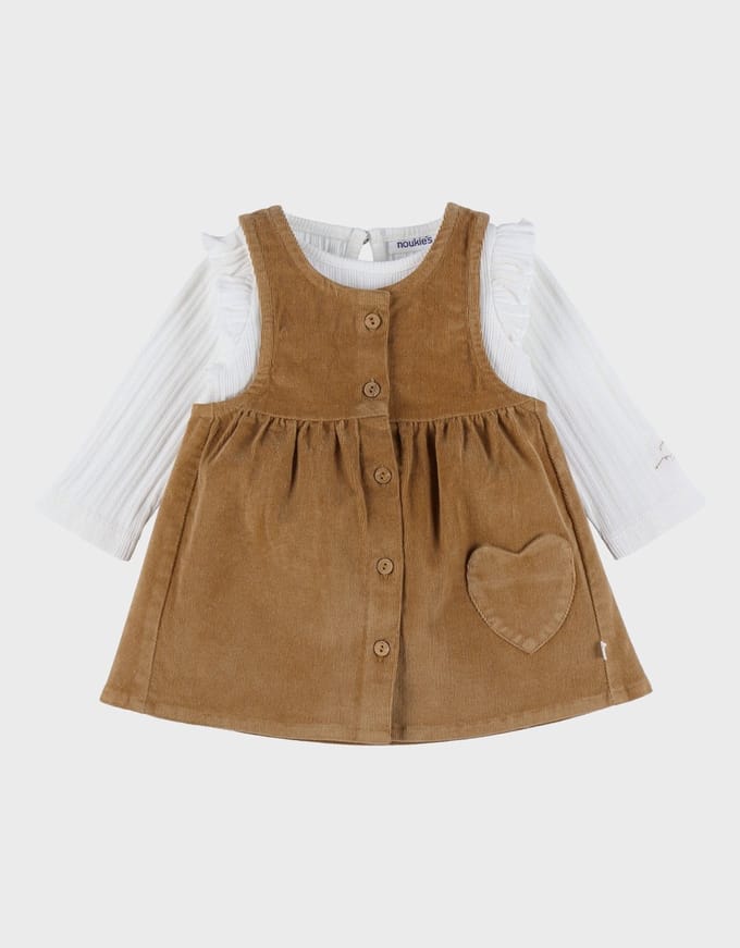 Noukie's Meisjes Set Kleedje bruin + T-shirt rib wit - Maat 86
