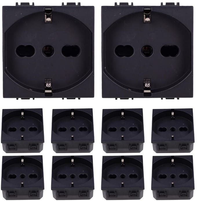 Schuko stopcontact 2P+T 16A zwart, compatibel met Bticino en Vimar - set van 10