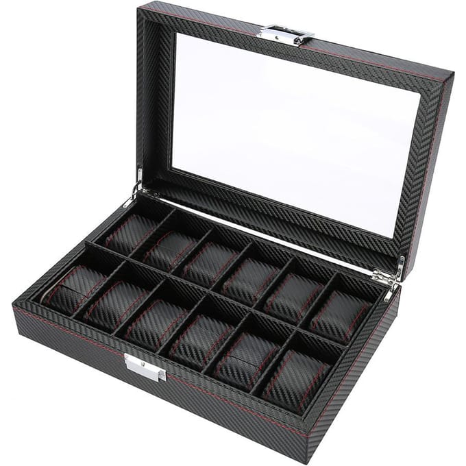 12 vakken Horloge Display Opbergdoos Horloge Organizer Koffer PU Leer black