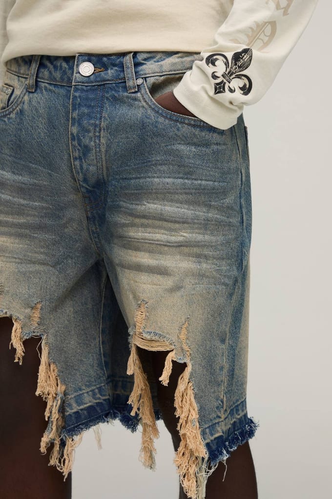 Relaxed Fit Stijve Extreem Gescheurde Denim Shorts | Antique Wash | Size 32