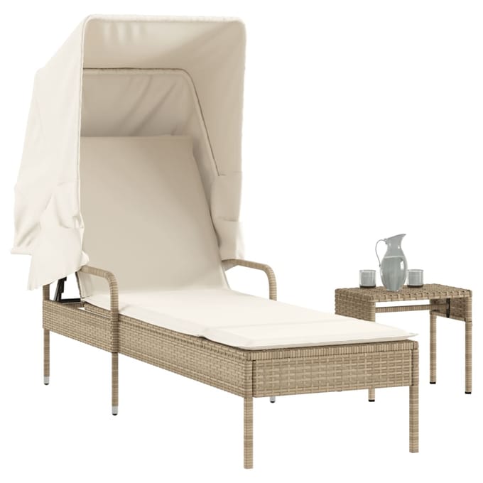 vidaXL - Ligbed - met - luifel - en - tafel - poly - rattan - beige