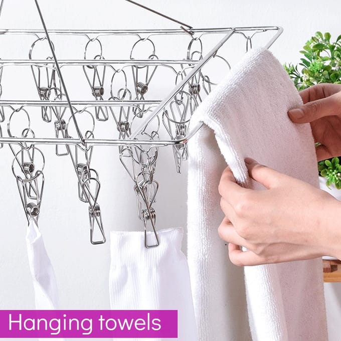 Séchoir à chaussettes avec 30 clips en acier inoxydable, support pivotant et coupe-vent pour égouttoir à linge gray