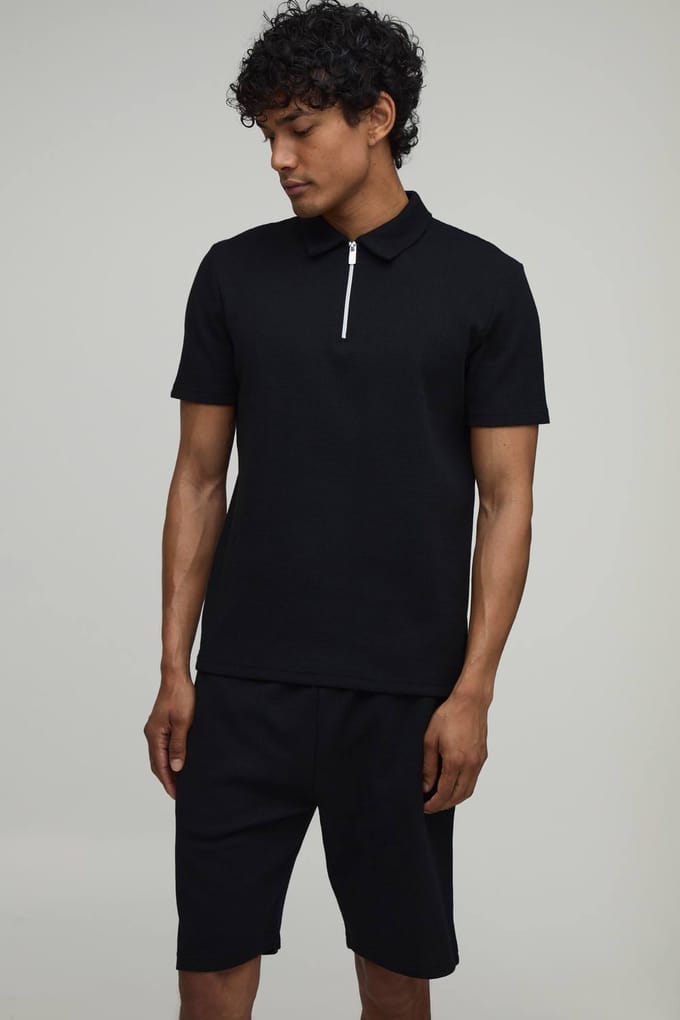 Slim Fit Waffle Polo & Short Set | Black | Size Medium