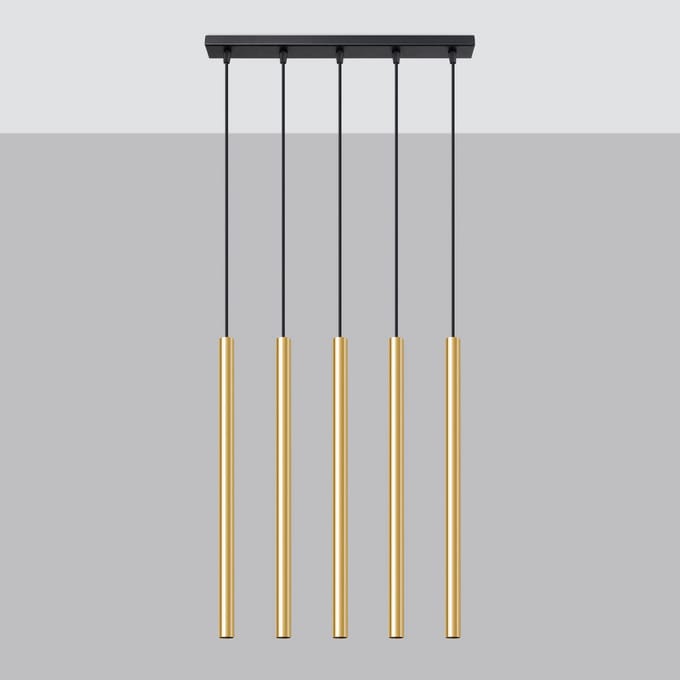 Hanglamp PASTELO 5L met 5 slanke buizen in lijn - Sollux Lighting - IP20 - Glanzend goud staal behuizing - 45 x 5 x 90 cm - 5 x G9 LED, exclusief lichtbron - 5 x 8 W - Moderne hanglamp voor woonkamer, slaapkamer en eetkamer