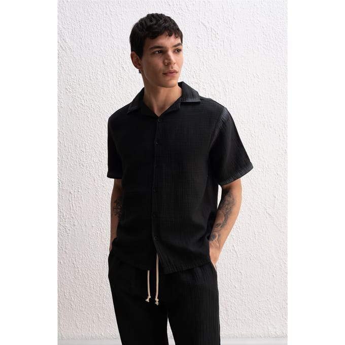 Heren Katoenen Textuur Korte Mouwen Shirt