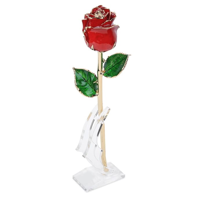 Fleur Rose Dorée Rouge 24K avec Base Cadeau Décoration pour Saint-Valentin Anniversaire red