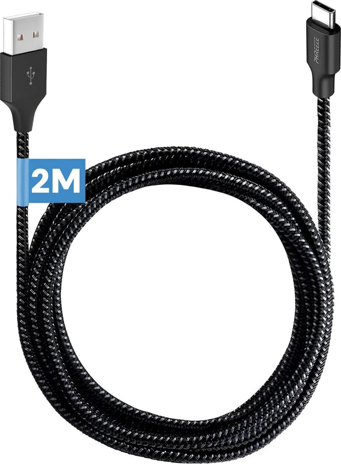 Usb C naar usb A kabel - 2 meter lang - Stevig nylon - Usb naar usb C - Oplaadkabel usb C - Zwart - Phreeze