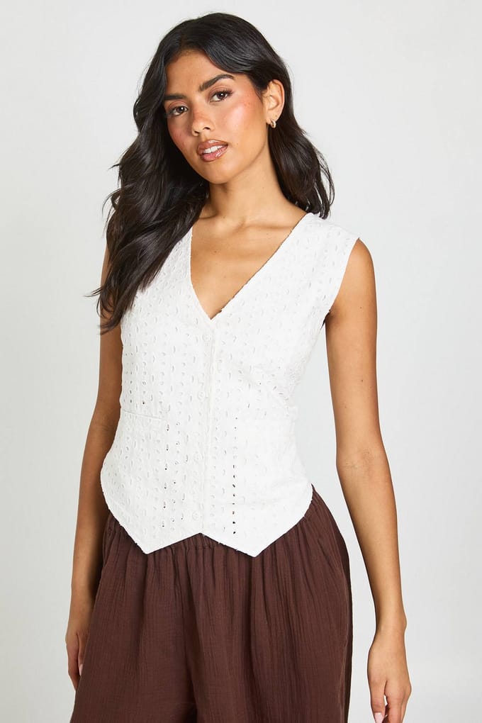 boohoo Dames Broderie Gilet Met V-hals | Wit | Maat: 44