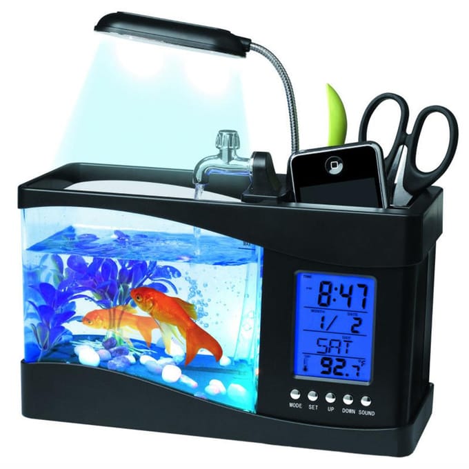 Multifunctioneel USB Mini Aquarium Vissenkom Aquarium met LED Lamp LCD Display Scherm Klok Opbergruimte zwart