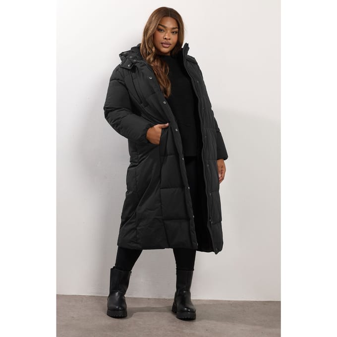 Yours Zwarte Midaxi Gewatteerde Jas Size 48