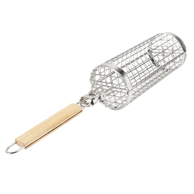 Rollende Grillmand Open Sluit Type RVS Mand Houten Handvat Rollend Grillnet voor white