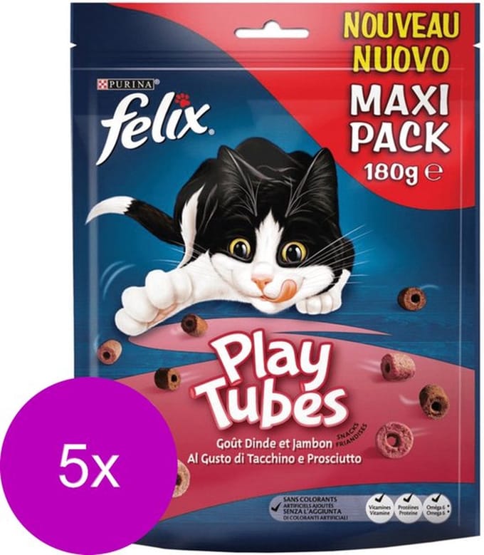 5x Felix - Playtubes Kalkoen & Ham - Kattensnacks - 180 g