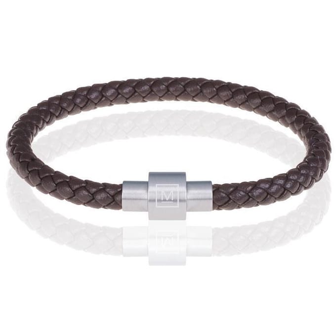 Memphis armband leer met edelstaal Donkerbruin Zilver-23cm