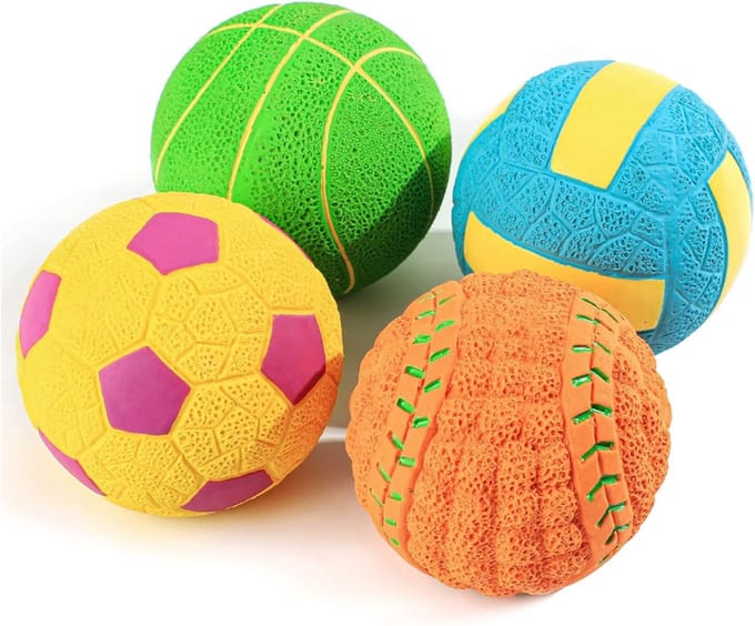 Famanu - Set van 4 piepende hondenballen van latex rubber, 2,8 inch