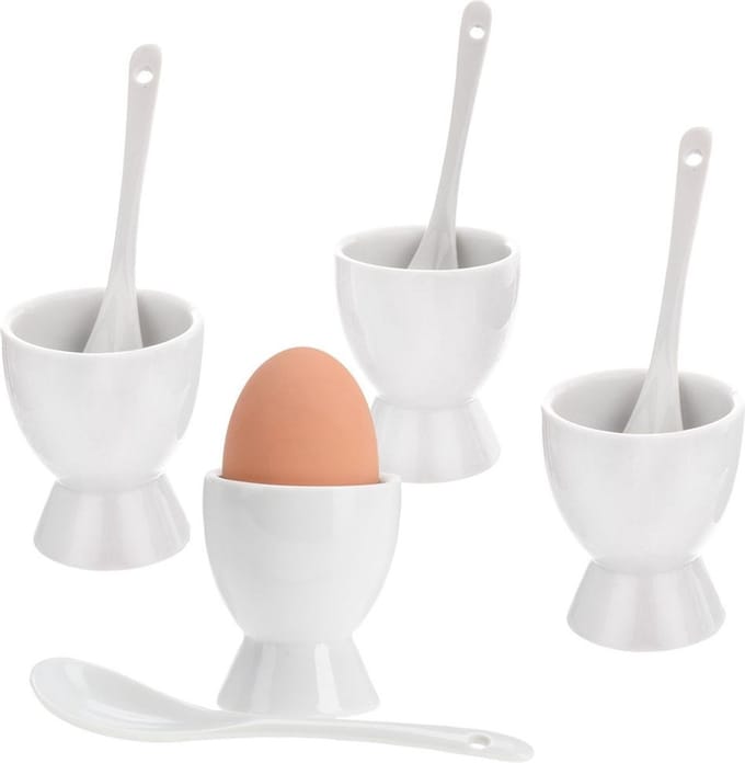 Eierdopjes met Lepel Porselein Wit 4 stuks - Eierdopje Set - Eierdoppen
