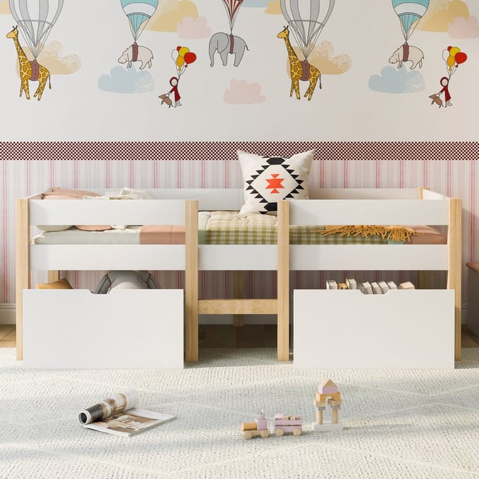Kinderbed Met Lades Valbeveiliging Bed 90x200 Massief Hout Wit Eiken Opbergruimte