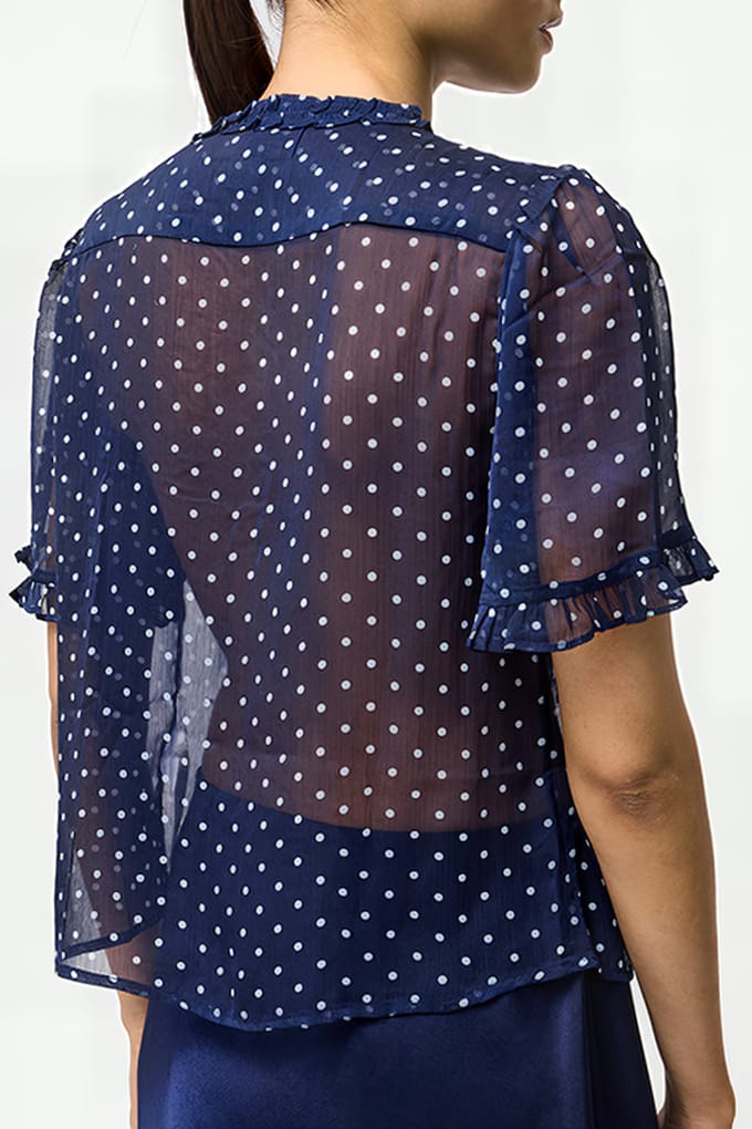French Connection Polka Dot Short Sleeve Ruffle Top Midnight/summer Wht Taglia: 8 | Magliette intime Outlet | Donna