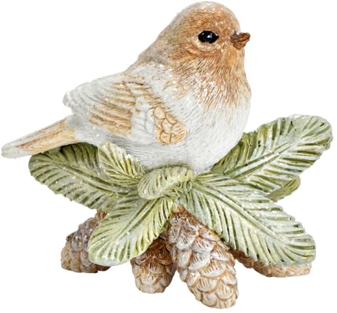 Kerstdecoratie Vogel op Dennentak met Dennenappels – 8×7×4 cm – Beige & Wit – Glitters