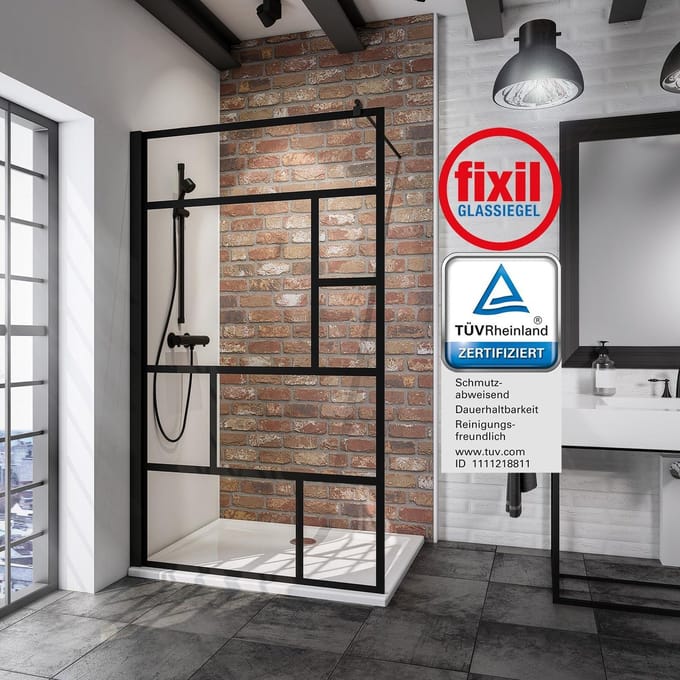 Schulte douchewand inloopdouche - 100x200 -mat zwart veiligheidsglas met decor - antikalk