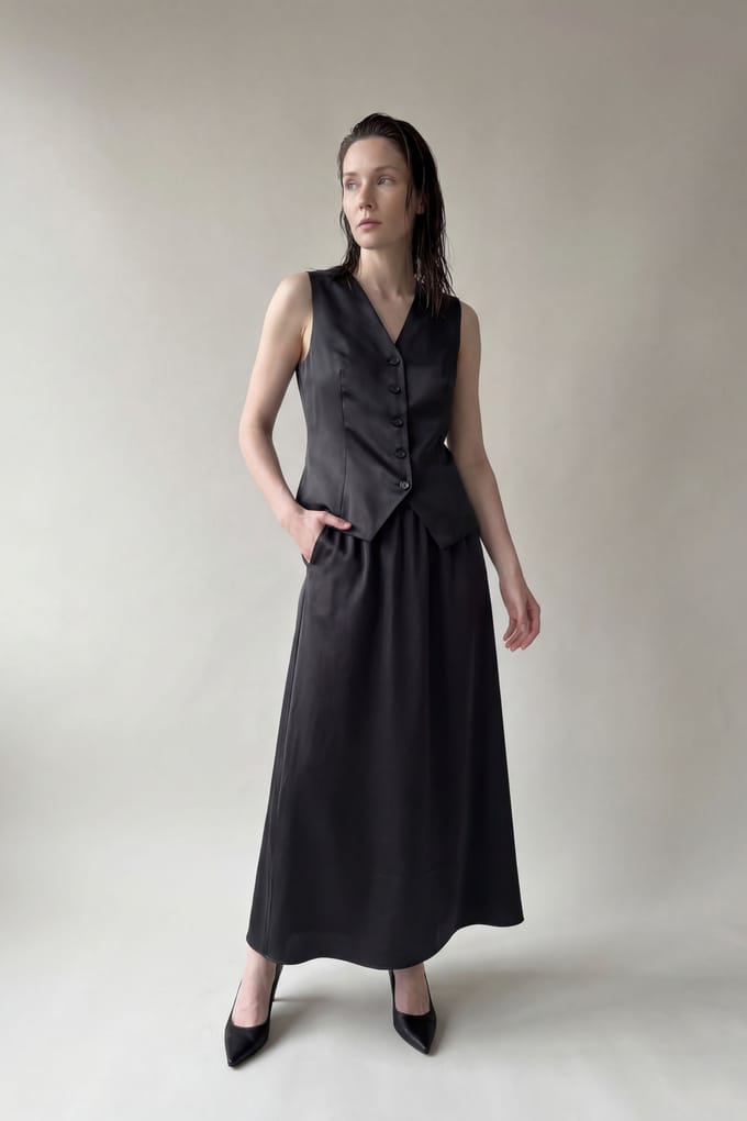 V-hals Vest & Maxi Rok Satijnen Twee-Delig Set