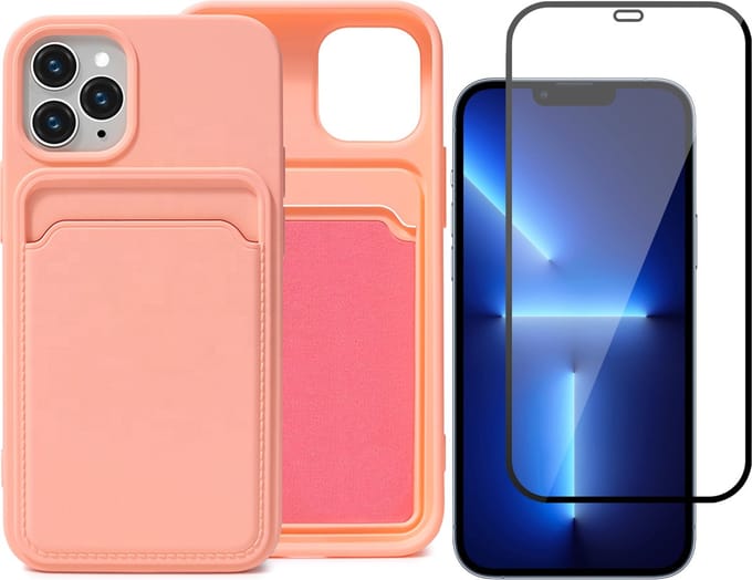 Roze Pasjeshouder Hoesje geschikt voor Apple iPhone 12 Pro Max - Screenprotector Glas - Case met Pasjeshouder