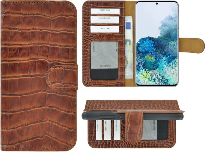 MoDo hoesje Geschikt voor Samsung Galaxy S20 Plus - Echt Leer Book Case - Croco Kaneelbruin