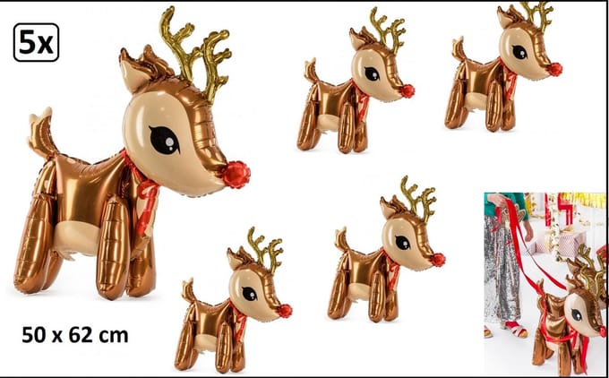 5x Rendier Folie ballon  50 x 62 cm - Kerst kerstman winter hohoho Rudolph