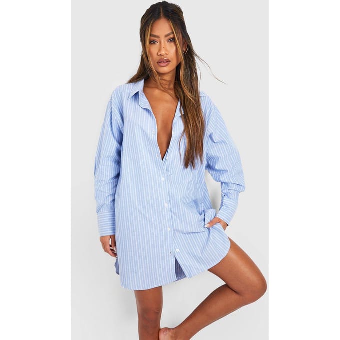 boohoo Dames Cotton Stripe Oversized Pyjama Night Shirt | Blue | Maat: 6