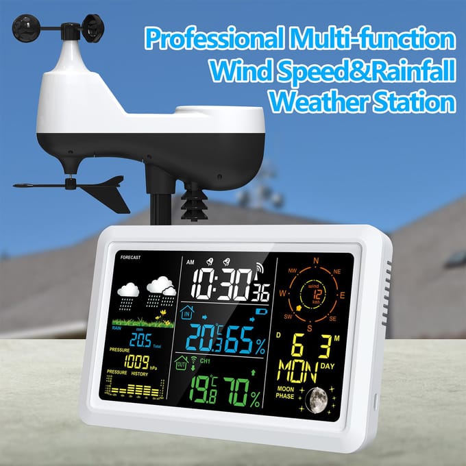 Weerstation met Buitensensor Binnen-Buitenthermometer met 7,5-inch VA LCD-scherm Weer US Plug black