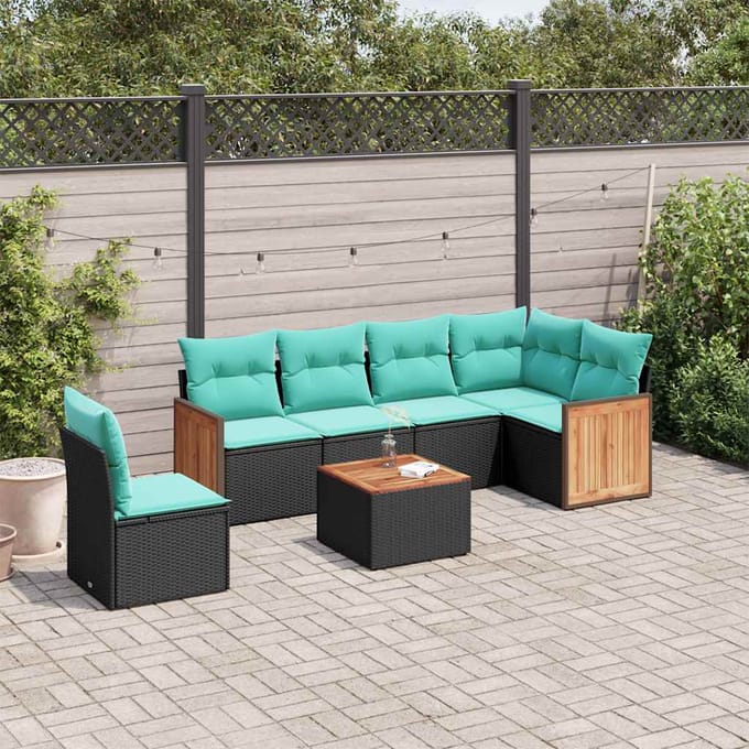 vidaXL - 7-delige - tuinbankset - met - kussens - van - zwart - polyrotan