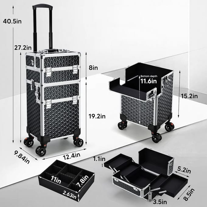 Grote Mobiele Make-upkoffer 3-in-1 Trolley met Wielen voor Professionals