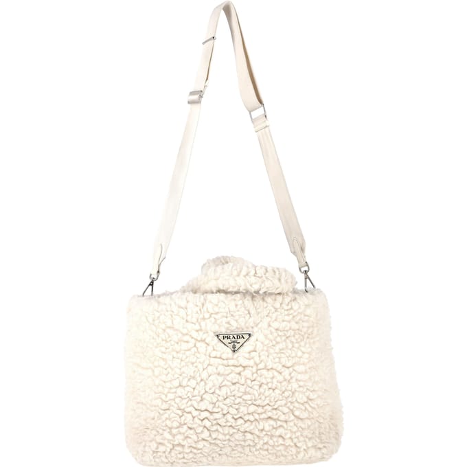 Prada Logo Plaque Shear Handtas in Witte Kasjmier