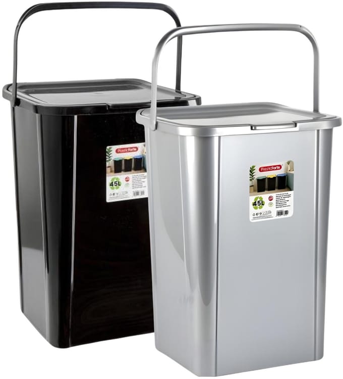 Plasticforte Recycling afvalbakken - set 2x - zwart/zilver - 45L - afsluitbaar - 34 x 40 x 54 cm