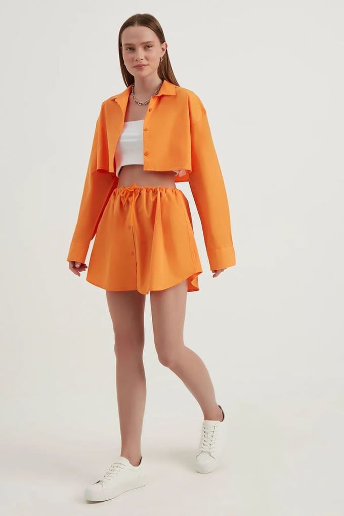 Hoge Taille Korte Rok met Touwtrek en Knopen