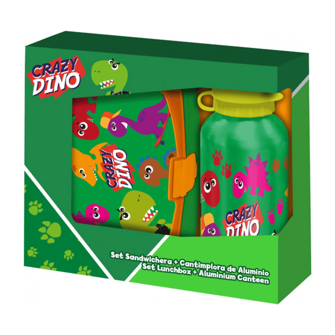 Crazy Dino lunchbox set voor kinderen - 2-delig - groen - aluminium/kunststof