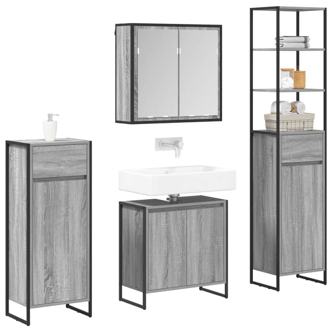vidaXL - Badkamermeubel - Set - 4 - st - Grijs - Sonoma - Bewerkt - hout