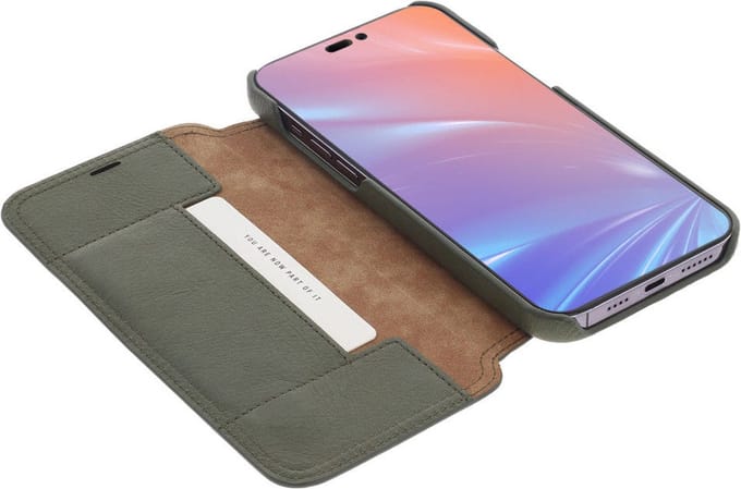 Minim Hoesje Wallet Book Case Echt Leer Groen Geschikt voor Apple iPhone 14 Pro Max